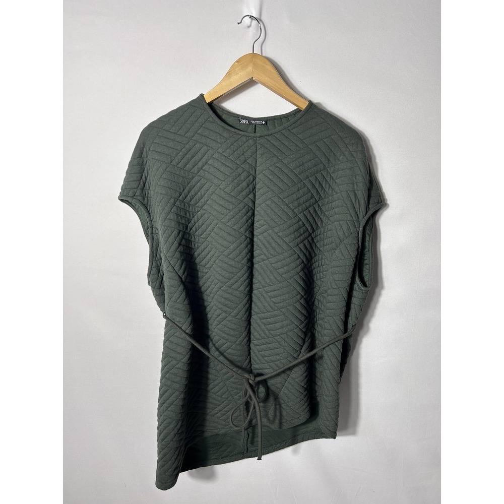 Zara Vest Womens M Green Quilted Belted Collarless Padded Mid Length Tie Waist